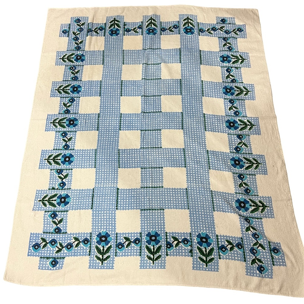 Vintage Blue and White Chenille Table Cloth